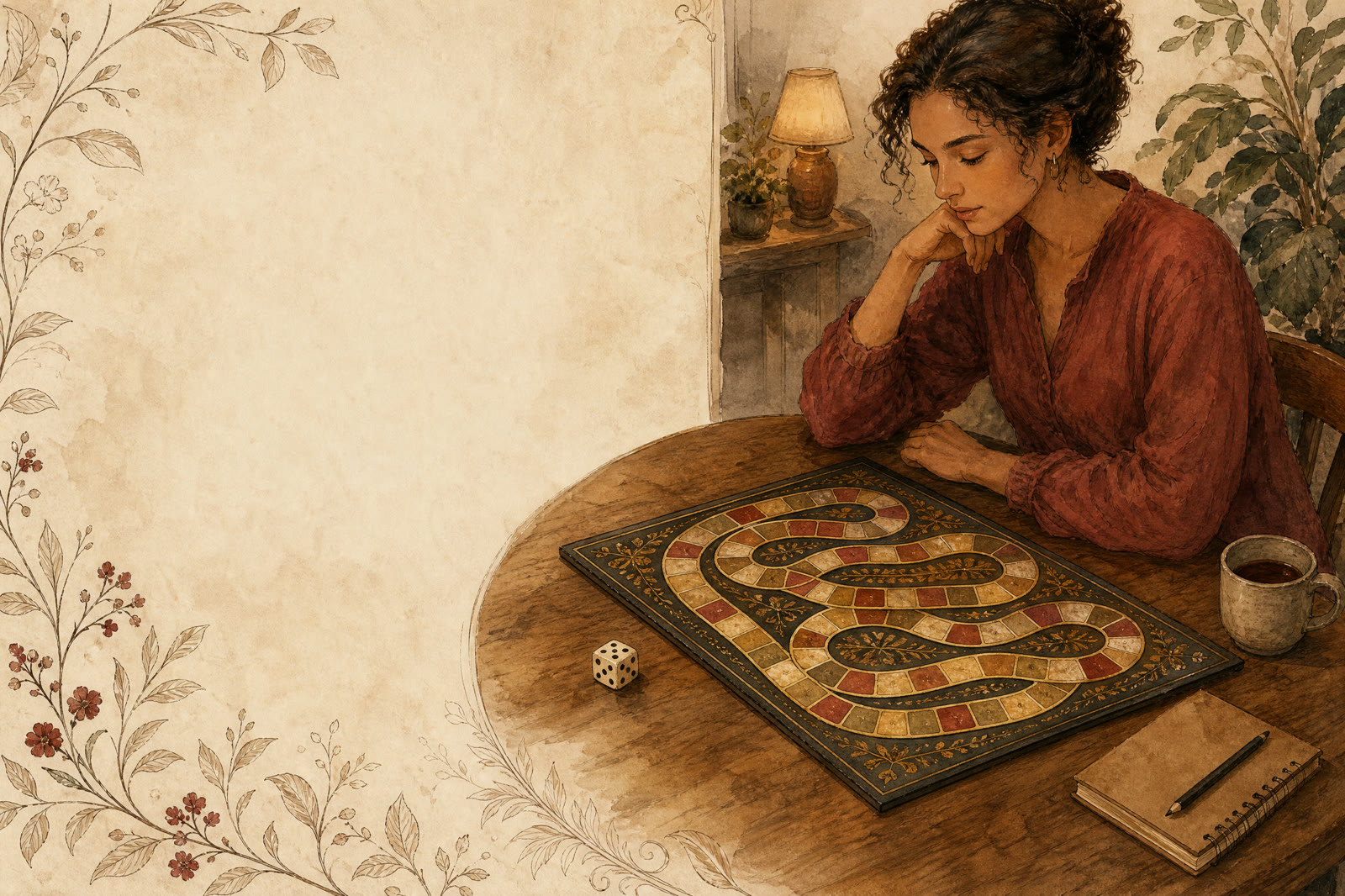 Первая самостоятельная сессия игры Лила: доска, кость и блокнот с личным вопросом